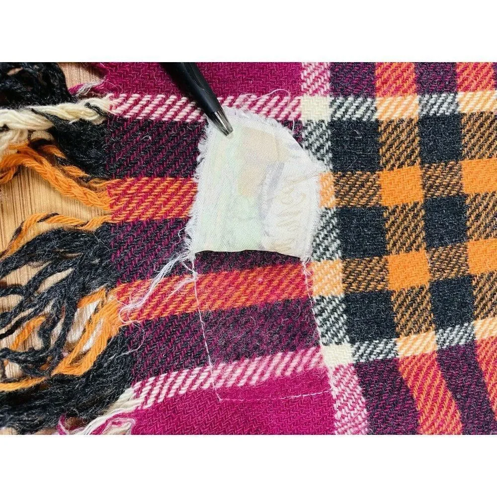 Vtg All Wool British Made Plaid Blanket 65 x 52 Reversible Purple Orange Grey